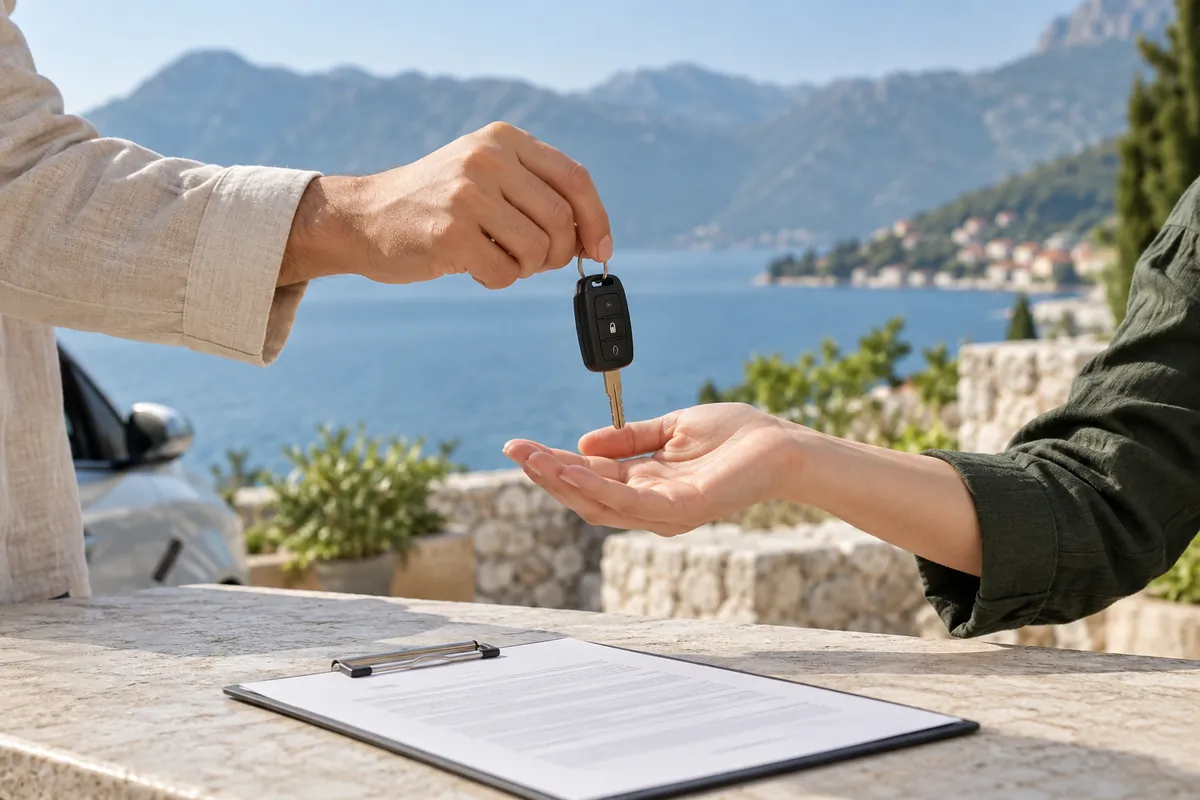 Illustration: a car key being handed over at pickup