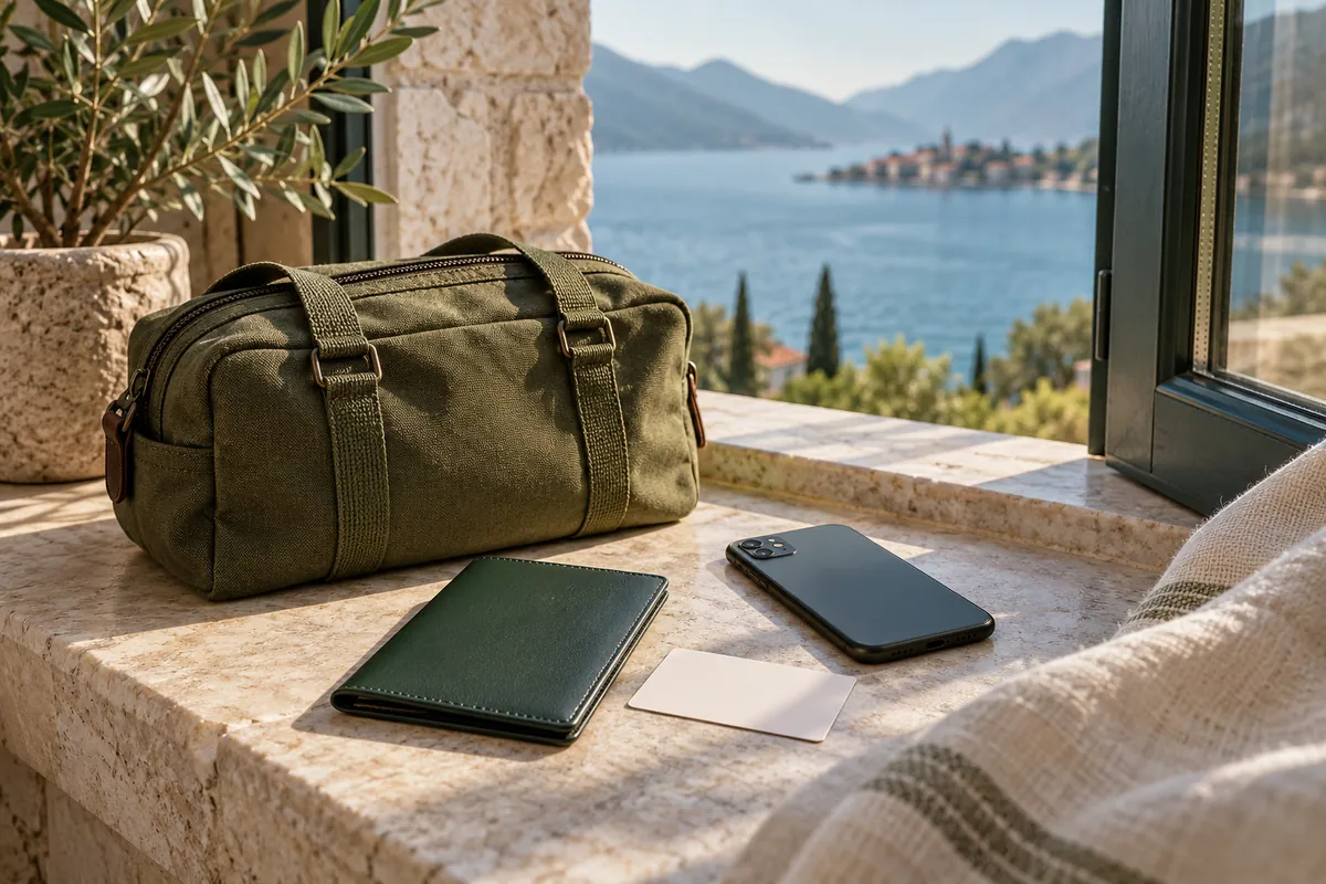 Illustration: travel bag, passport wallet and documents prepared for car pickup
